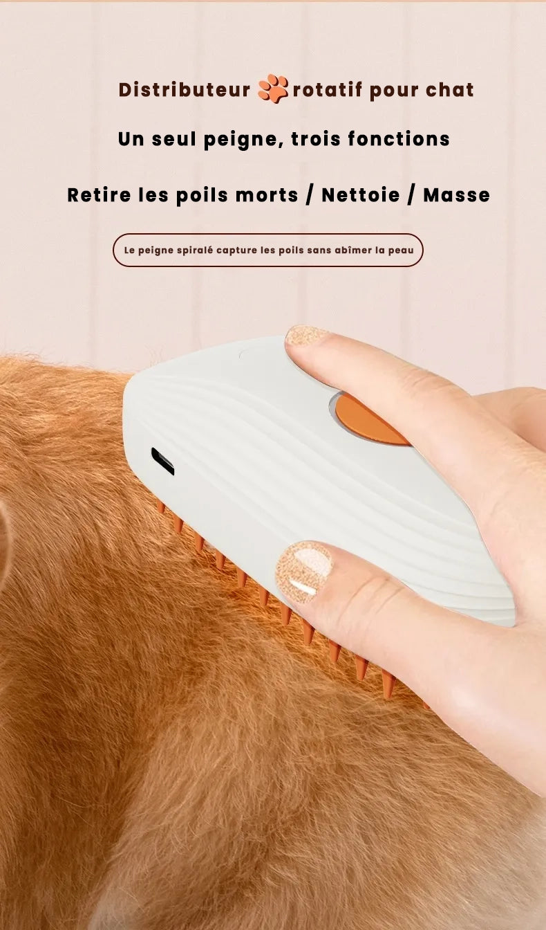 Brosse Vapeur 3-en-1 Rechargeable pour Chat – Nettoie, Démêle & Masse
